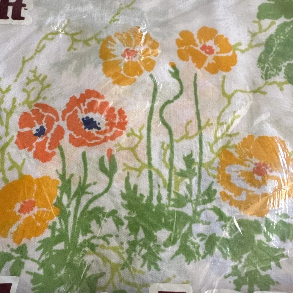 Vintage 70s Burlington TWIN‎ Fitted Sheet New Floral Orange Poppies Pansies